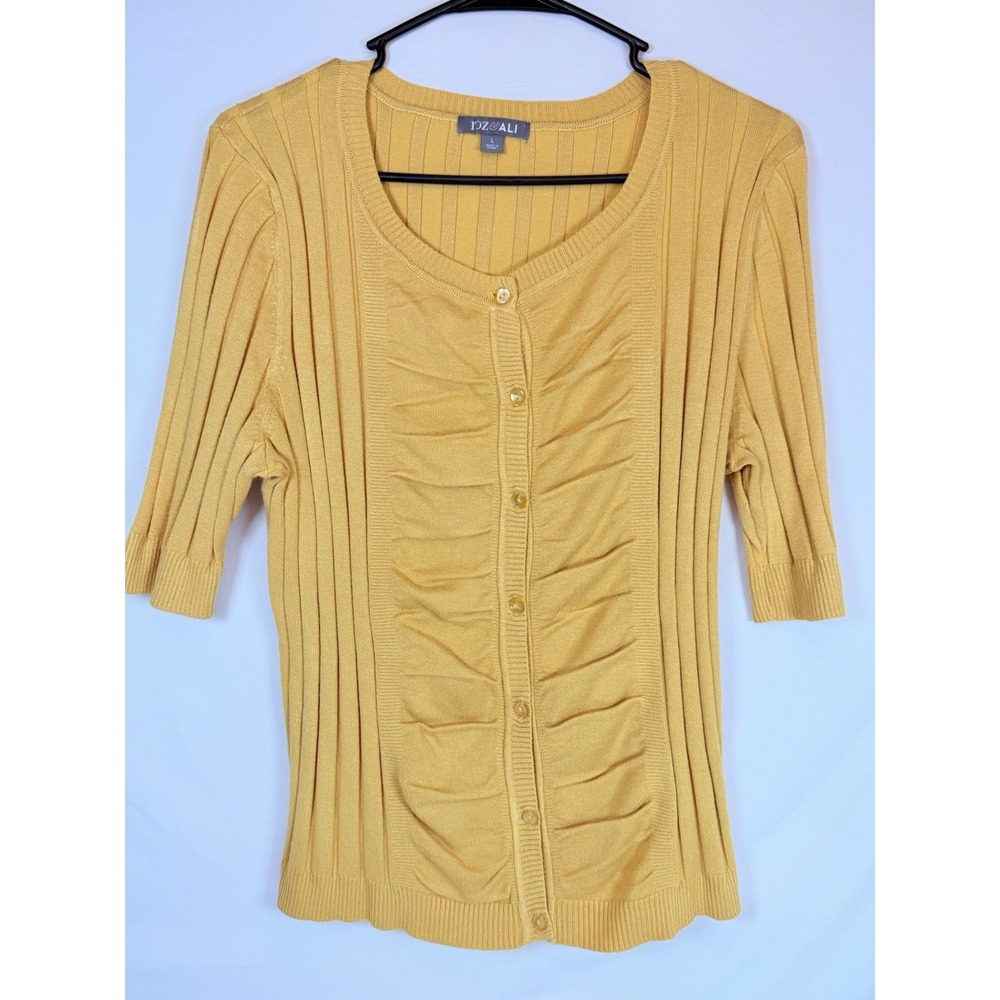 Roz & Ali Womens Large Mustard Yellow Ruched Ribbed Cardigan 3/4 Sleeve Rayon